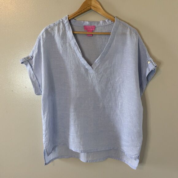 Isaac Mizrahi NY 100% Linen Top Light Blue V-Neck Oversized Boho Shirt Sz Large - Picture 1 of 7